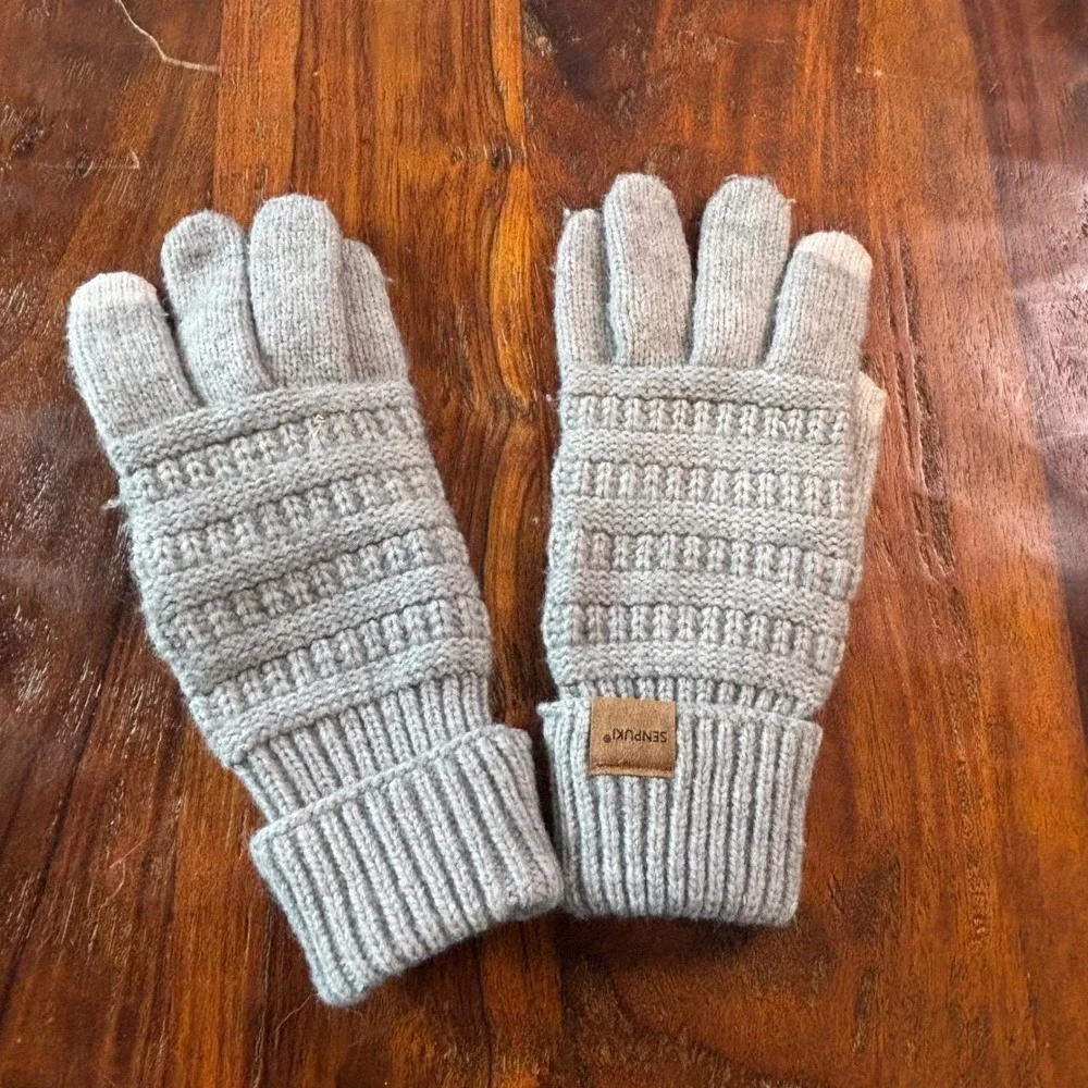 Senpuki Womens Gray Fleece Lined Beanie Headband and Touchscreen Gloves Set